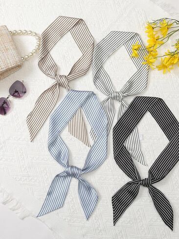 Women Striped Skinny Long Scarves, Simple Satin Silky Neck Scarf Neckerchief Ribbon Hair Band in Saudi Arabia