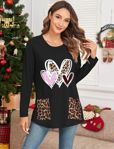 ZAFUL Women's Long Sleeve Crewneck T-Shirt 2024 Holiday Graphic Printed Top Loose Casual Tee Shirt with Pocket in Saudi Arabia