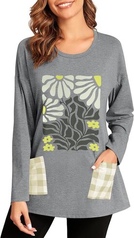 ZAFUL Women's Long Sleeve Crewneck T-Shirt 2024 Holiday Graphic Printed Top Loose Casual Tee Shirt with Pocket in Saudi Arabia
