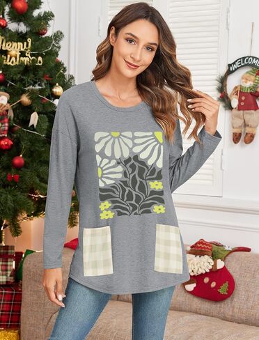ZAFUL Women's Long Sleeve Crewneck T-Shirt 2024 Holiday Graphic Printed Top Loose Casual Tee Shirt with Pocket in Saudi Arabia