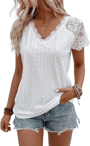 SweatyRocks Women's Floral Lace Short Sleeve Raglan Top Casual V Neck Pullover Plain Tee Shirt in Saudi Arabia