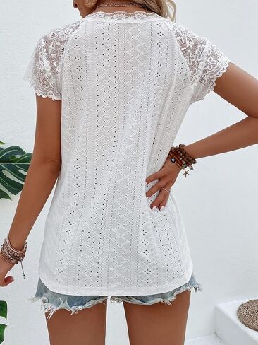 SweatyRocks Women's Floral Lace Short Sleeve Raglan Top Casual V Neck Pullover Plain Tee Shirt in Saudi Arabia