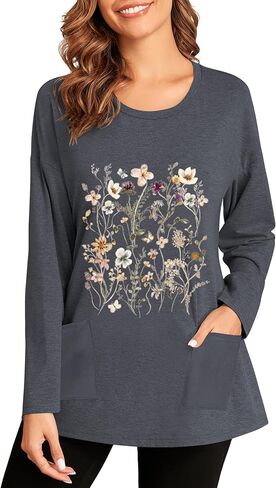 ZAFUL Women's Long Sleeve Crewneck T-Shirt 2024 Holiday Graphic Printed Top Loose Casual Tee Shirt with Pocket in Kuwait
