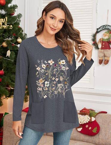 ZAFUL Women's Long Sleeve Crewneck T-Shirt 2024 Holiday Graphic Printed Top Loose Casual Tee Shirt with Pocket in Kuwait