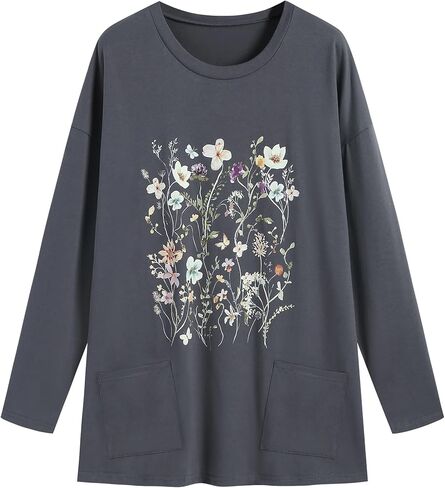 ZAFUL Women's Long Sleeve Crewneck T-Shirt 2024 Holiday Graphic Printed Top Loose Casual Tee Shirt with Pocket in Kuwait