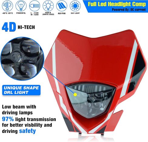 Dirt Bike LED Headlight For Motorcycle Pit Bike for Enduro Dirt Pit Bike ATV EC MC (red sticker with red cover) in Kuwait