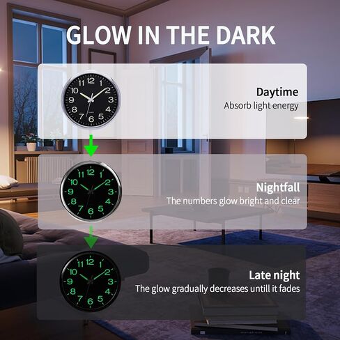 Glow in The Dark Wall Clock, 12 Inch Night Light Wall Clock Silent Non-Ticking, Battery Operated Wall Clocks for Living Room Kitchen Office Bedroom, Rose Gold in Saudi Arabia
