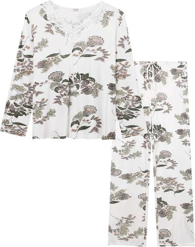 Cherrydew Women's Sleepwear Viscose Made from Bamboo Lace Trim Top and Pants Pajama Set Two Piece Loungewear Pjs in Saudi Arabia