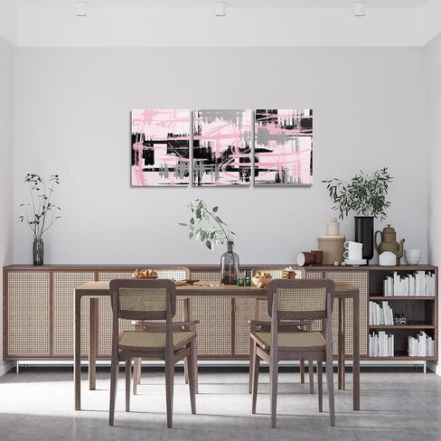 Feelyou 3 Piece Pink Black Grey Framed Canvas Wall Art for Living Room Modern Stripes Wall Decor Abstract Office Wall Decor Abstract Wall Painting Abstract Pictures Artwork for Room Posters Art Modern in Kuwait