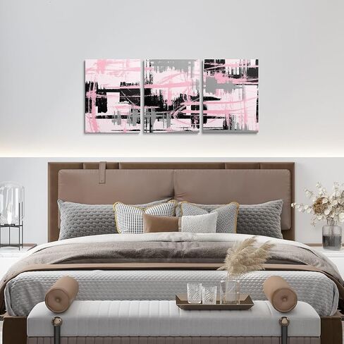 Feelyou 3 Piece Pink Black Grey Framed Canvas Wall Art for Living Room Modern Stripes Wall Decor Abstract Office Wall Decor Abstract Wall Painting Abstract Pictures Artwork for Room Posters Art Modern in Kuwait