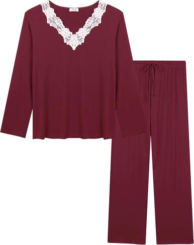 Cherrydew Women's Sleepwear Viscose Made from Bamboo Lace Trim Top and Pants Pajama Set Two Piece Loungewear Pjs in Saudi Arabia