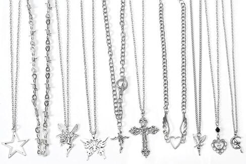 10 Pcs Y2k Necklace Set for Women, Goth Grunge Accessories Jewelry Necklaces, Gothic Cross Fairy Thorns Gothic Angel Heart Feather Star Butterfly Emo Vintage Silver Pendant Necklace in Kuwait