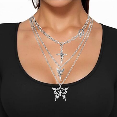 10 Pcs Y2k Necklace Set for Women, Goth Grunge Accessories Jewelry Necklaces, Gothic Cross Fairy Thorns Gothic Angel Heart Feather Star Butterfly Emo Vintage Silver Pendant Necklace in Kuwait
