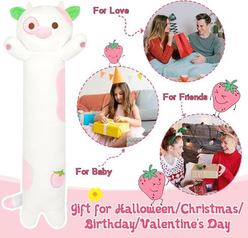 Long Cow Plush Pillow, 25in Long Cow Stuffed Animal,Strawberry Cow Body Pillow for Kids,Strawberry Cow Stuff Long Cow Plushie for Boys Girls in Kuwait