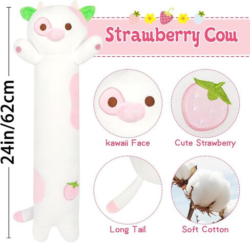 Long Cow Plush Pillow, 25in Long Cow Stuffed Animal,Strawberry Cow Body Pillow for Kids,Strawberry Cow Stuff Long Cow Plushie for Boys Girls in Kuwait