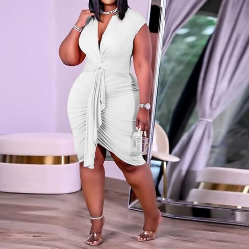IyMoo Women's Sexy Plus Size Bodycon Sleeveless Drawstring Ruched Mini Club Dresses in Kuwait