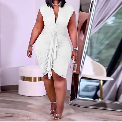 IyMoo Women's Sexy Plus Size Bodycon Sleeveless Drawstring Ruched Mini Club Dresses in Kuwait