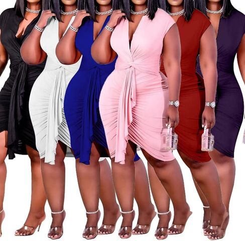 IyMoo Women's Sexy Plus Size Bodycon Sleeveless Drawstring Ruched Mini Club Dresses in Kuwait