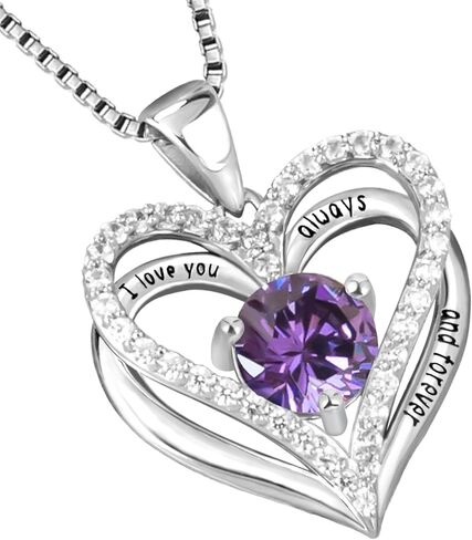 Sterling Silver Heart-within-a-Heart Necklace for Women, Birthstone Accent Necklace, Ideal Gifts for Christmas, Anniversaries, and Birthdays, Full Diamond Heart Jewelry for Every Special Occasion. in Saudi Arabia