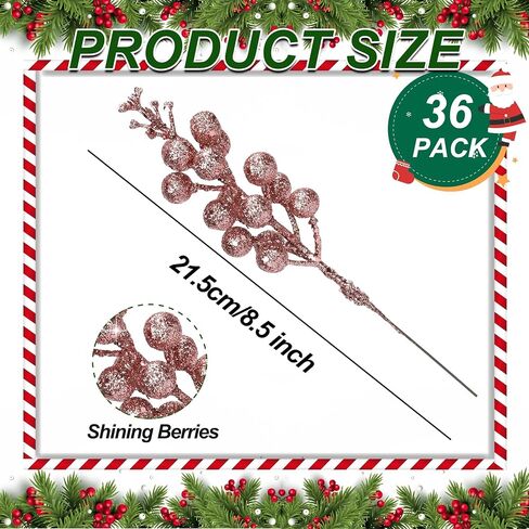Palonu 36 Pcs Christmas Glitter Berries Stems,8.5 Inch Artificial Christmas Picks for Christmas Tree Ornaments for DIY Xmas Wreath Crafts Gifts Holiday Home Decor (Rose Gold) in Saudi Arabia