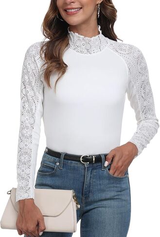 Womens Lace Shirts Long Sleeve Casual Tops Slim Fit Knit High Neck Work Dressy Blouse in Saudi Arabia