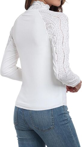 Womens Lace Shirts Long Sleeve Casual Tops Slim Fit Knit High Neck Work Dressy Blouse in Saudi Arabia