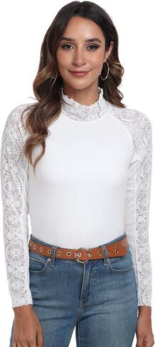 Womens Lace Shirts Long Sleeve Casual Tops Slim Fit Knit High Neck Work Dressy Blouse in Saudi Arabia