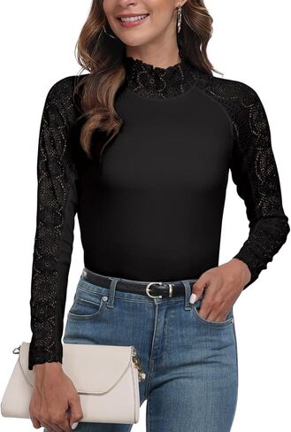 Womens Lace Shirts Long Sleeve Casual Tops Slim Fit Knit High Neck Work Dressy Blouse in Saudi Arabia