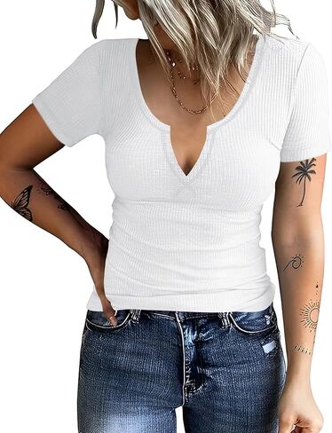 AKEWEI Women's Short Sleeve Tops Soft V Neck Ribbed Knit Shirts Basic Comfortable Clothes Tunic in Kuwait