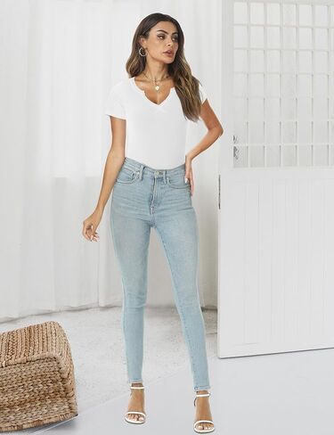 AKEWEI Women's Short Sleeve Tops Soft V Neck Ribbed Knit Shirts Basic Comfortable Clothes Tunic in Kuwait