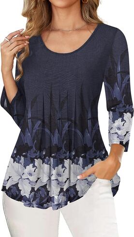 Othyroce Women's Plus Size 3/4 Sleeve Tunic Tops Casual Loose Fit Floral Mesh Blouses Pleated Layered Shirts M-2X in Kuwait