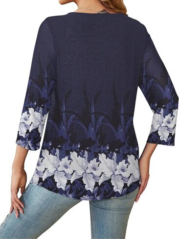 Othyroce Women's Plus Size 3/4 Sleeve Tunic Tops Casual Loose Fit Floral Mesh Blouses Pleated Layered Shirts M-2X in Kuwait