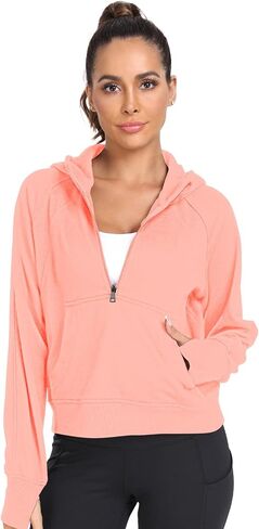 Womens Hoodies 1/2 Zipper Pullover cropped Sweatshirts Long Sleeve Loose Thumb Hole oversized in Saudi Arabia