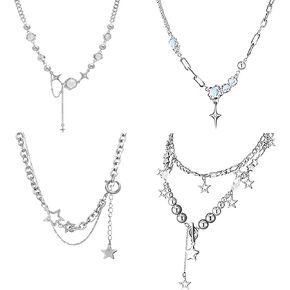 4 Pcs Y2k Double Layered Necklace Set Irregular Moonstone Collar Chain Punk Star Pendant Zircon Necklace Jewelry Silver Asymmetric Necklace Adjustable Cute Necklaces Aesthetic Vintage Jewelry