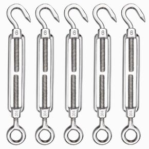 TooTaci 5 Pack M6 Hook and Eye Turnbuckle, 304 Stainless Steel Turnbuckles for Cable Wire Rope Tension, Heavy Duty Turnbuckle Tension Hook for Wire Cable, Clothesline, Shade Sail