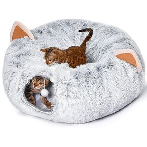 Cat Tunnel with Cat Bed for Indoor Cats, Adorable Plush Peekaboo Cat Cave, Multifunctional Cat Donut Tunnel Playground Toys for Small Medium Large Cats Kitten Rabbit Ferret, Grey