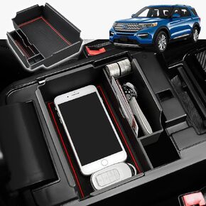 منظم وحدة التحكم في السيارة من LECART لملحقات Ford Explorer 2025 ST XLT 2024 2023 2022 2021 2020 علبة وحدة التحكم المركزية للسيارات ومسند الذراع وصندوق تخزين ثانوي مع سجادات حمراء