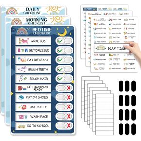 4 in 1 Reward Chart for Kids, Reusable Bedtime/Morning/Daily Routine Chart for Kids, Magnetic Chore Chart for Kids Toddlers, Sticker Chart for Kids Behavior Chart for Kids at Home