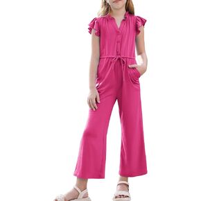 GRACE KARIN Girls Jumpsuit Fashion Ruffle Sleeve Drastring Waist Button Front Romper Kids Summer Outfit Size 6-14