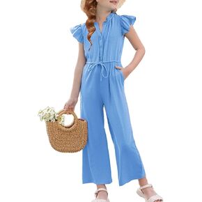 GRACE KARIN Girls Jumpsuit Fashion Ruffle Sleeve Drastring Waist Button Front Romper Kids Summer Outfit Size 6-14 in Kuwait