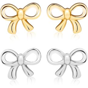 2 Pairs of Small Bow Earrings Gold, Silver Lovely Bow Earrings, Gold Earrings for Women, Silver Bow Earrings Exquisite Small Gold Earrings Stud Earrings Simple and Stylish Bow Jewelry for Women