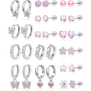 Tornito 15 Pairs Screw Back Earrings For Women Stainless Steel Cartilage Stud Earrings Pink Multicolor CZ Heart Cat Flower Butterfly Star Dangling Hoop Huggie Earring Set Screwback 20G Silver Tone
