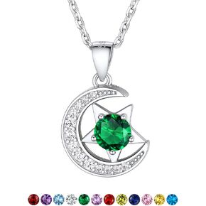 Suplight Sterling Silver Moon and Star Birthstone Crystal for Women with Dainty Silver Necklaces/Stud Earrings 1-12 Month Birthstone Emerald Pendant Sparkling Cubic Zirconia Gem Dainty Jewelry for Birthday Everyday