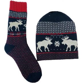 Legale Men's Fairisle & Moose Design Hat & Lodge Sock Set Multicolor