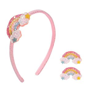 Rainbow Sequins Headbands for Girls - Cute Kids Hair Bands with 2Pcs Interchangeable Rainbow Clips, Glitter Thin Head Band Accessories for Toddler Children (Rainbow-Cloud, 3Pcs-Kit)