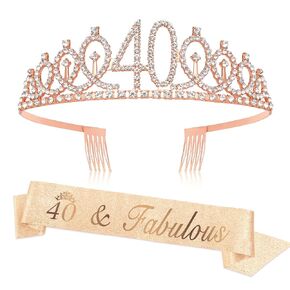 40th Birthday Decorations, 40th Birthday Sash, 40th Birthday Crown, 40th Birthday Gifts Women Gold Birthday Tiara Queen Princess Headband 40 and Fabulous Party Favors Supplies Accessories for Friends