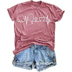 Pickleball Shirts Women Funny Tees for Pickleball Lovers Heartbeat Graphic Short Sleeve T-Shirt Tops
