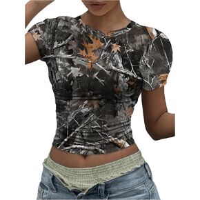 Women's Y2k Camo Print Crop Tee Top Crew Neck Short Sleeve Slim Fit T Shirts 90s Streetwear