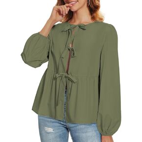 Tie Front Tops for Women Puff Long Sleeve Shirt Peplum Hem Cute Babydoll Blouse Y2k Going Out Tops