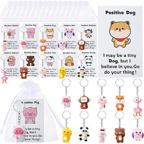 Quelay 30 Sets Christmas Positive Inspirational Animals Keychain Bulk Employee Appreciation Gift Mini Animals Cards Organza Bag Christmas Gift